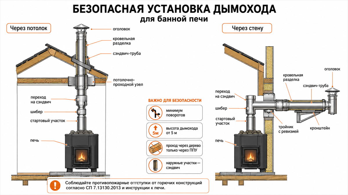 Схемы безопасной установки дымохода для банной печи через потолок и через стену