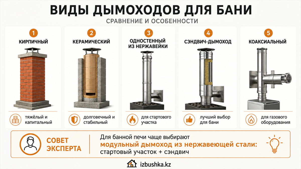 Виды дымоходов для бани: кирпичный, керамический, одностенный, сэндвич и коаксиальный